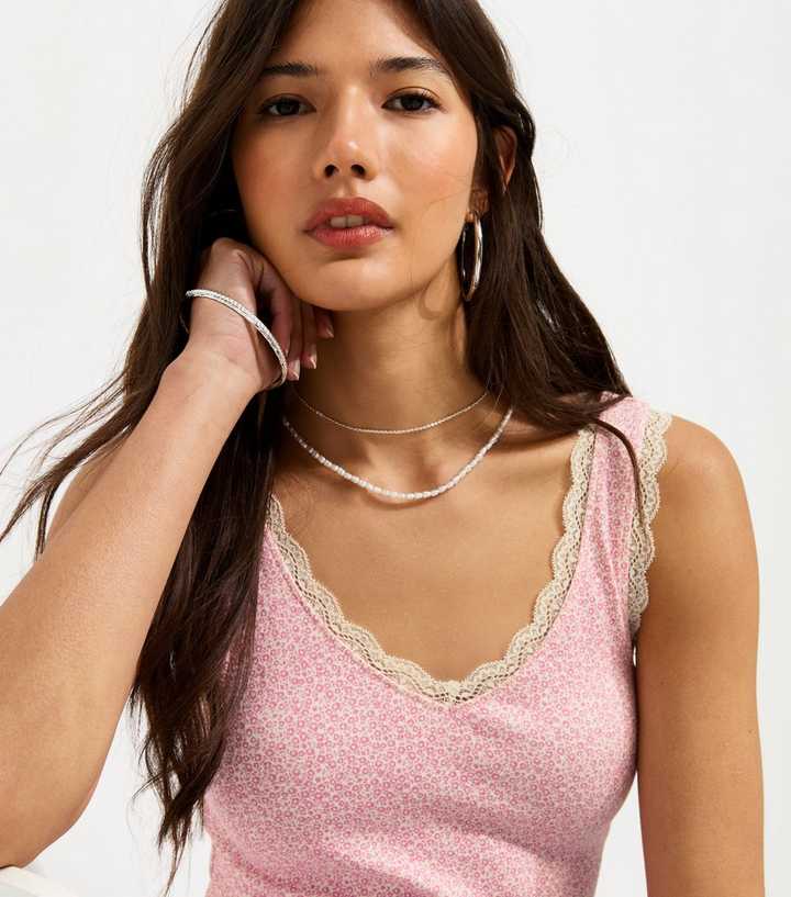 Pink Cotton Rich Ditsy Floral Lace Trim Vest