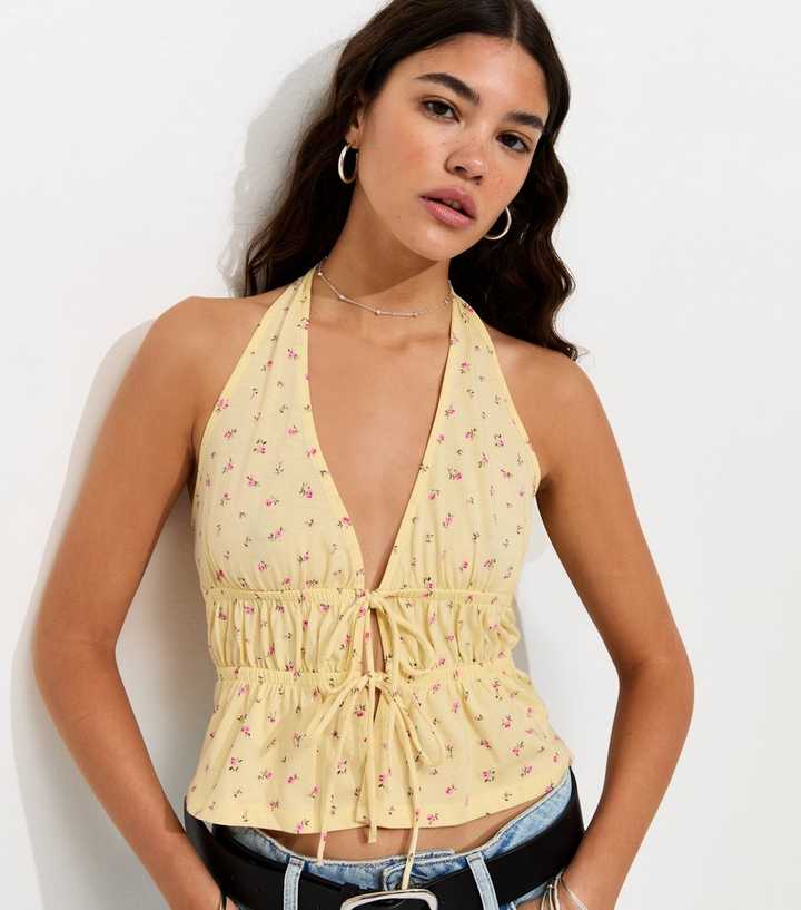 Yellow Floral Print Tie Front Halter Neck Top