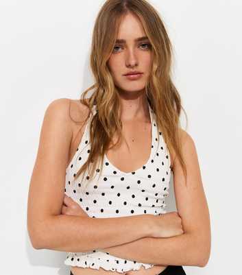 White Cotton Rich Polka Dot Shirred Halter Neck Top