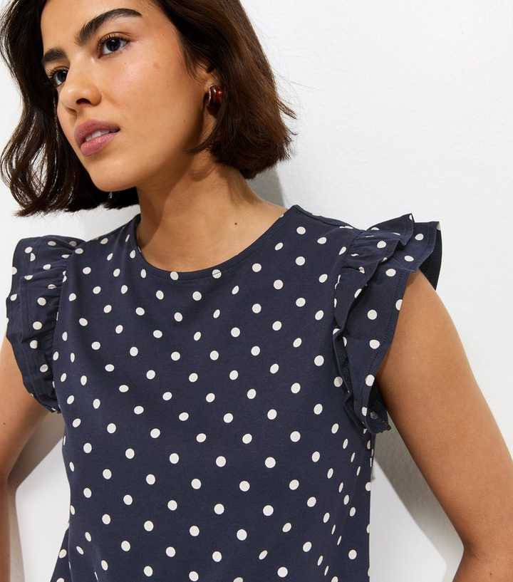 Navy Spot Print Frill Sleeve Top