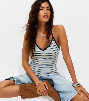 Blue Cotton Rich Striped Contrast Trim Halter Neck Top