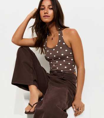 Brown Slinky Jersey Spot Print Halter Neck Top