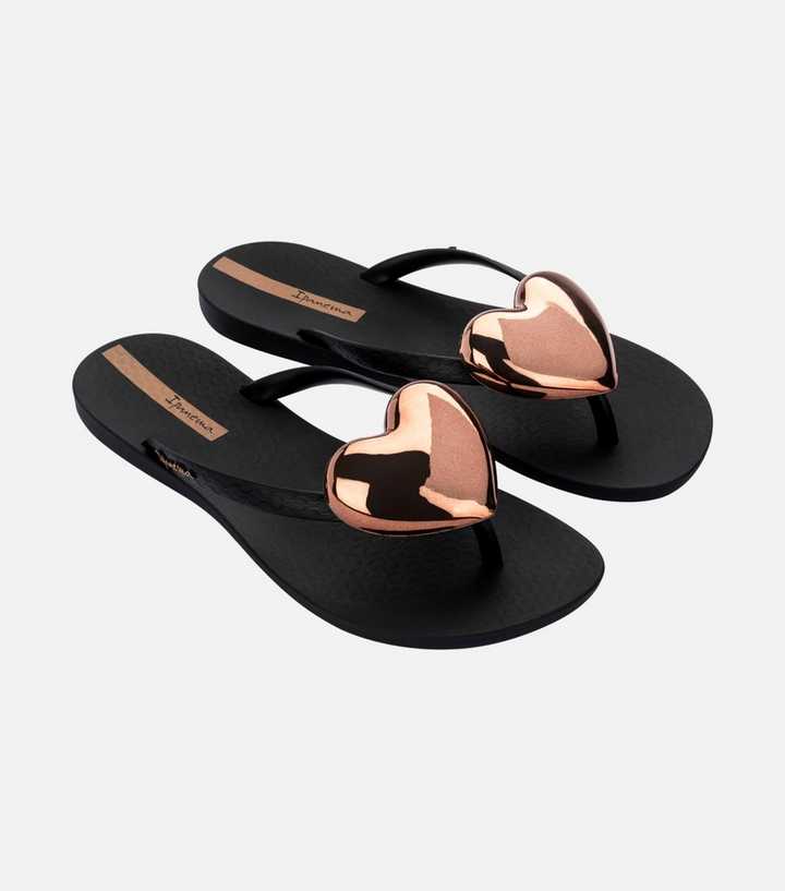 Ipanema Black Rose Gold Heart Buckle Flip Flops