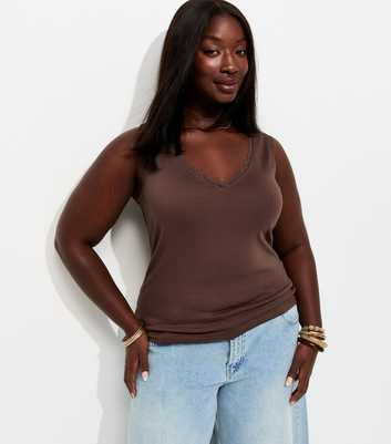 Curves Dark Brown Lace Trim Vest Top