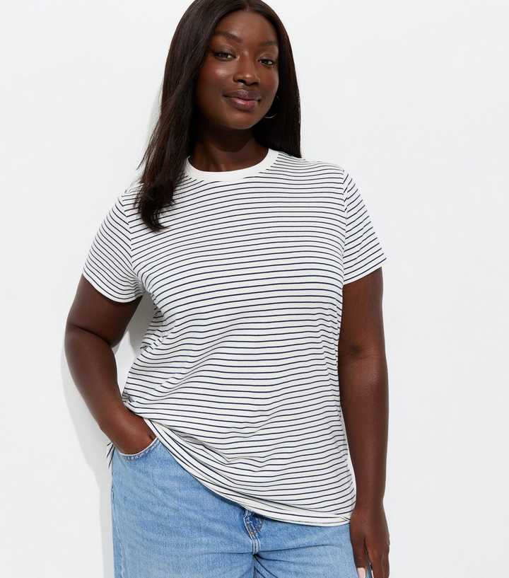 Curves Blue Cotton Striped Relaxed Fit T-Shirt