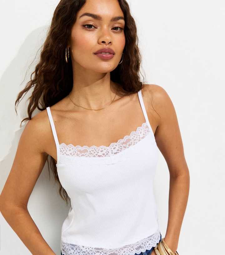 Petite White Lace Trim Cami Top