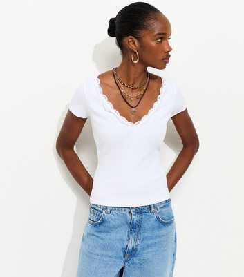 White V Neck Lace Trim Top