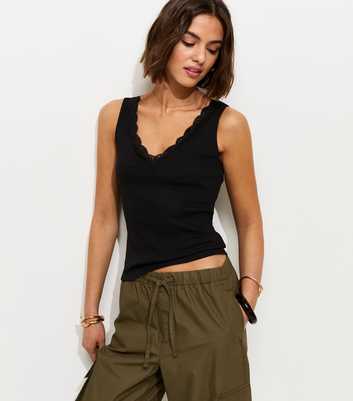 Black V Neck Lace Trim Vest