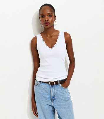 White V Neck Lace Trim Vest