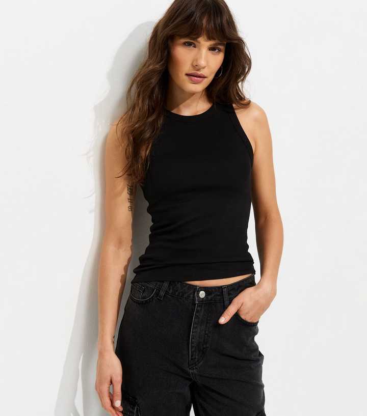 Tall Black Cotton Rich Ribbed Racer Vest