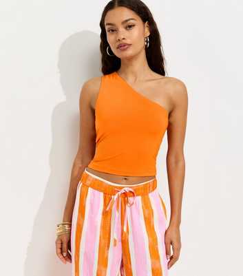 Petite Bright Orange Slinky Jersey One Shoulder Top