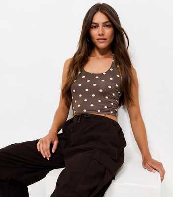Petite Brown Jersey Halter Neck Spot Print Cropped Top
