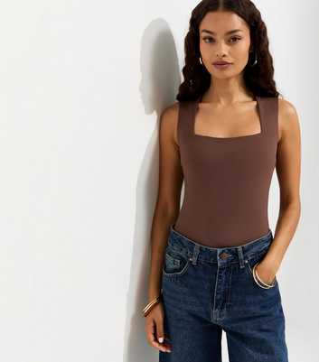 Petite Dark Brown Square Neck Neck Sleeveless Bodysuit