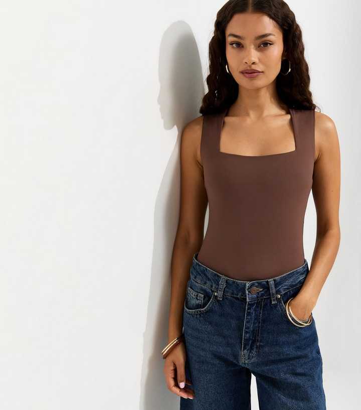 Petite Dark Brown Square Neck Neck Sleeveless Bodysuit