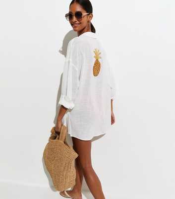 White Cotton Pineapple Beaded Oversized Beach Shirt