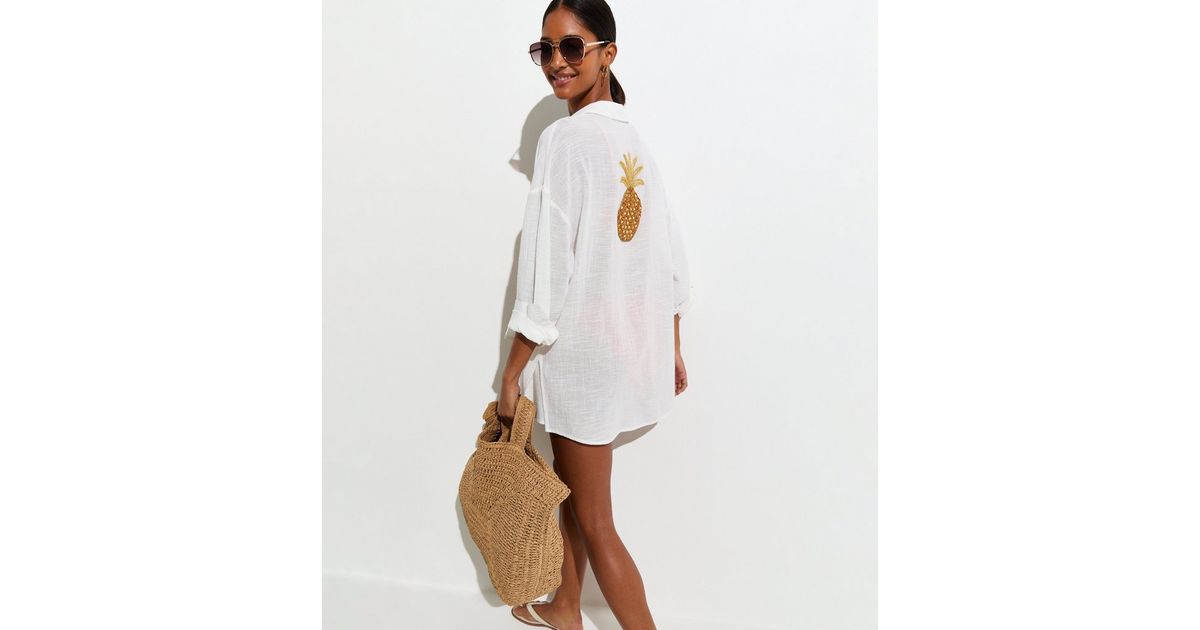White Cotton Pineapple Beaded Oversized Beach Shirt