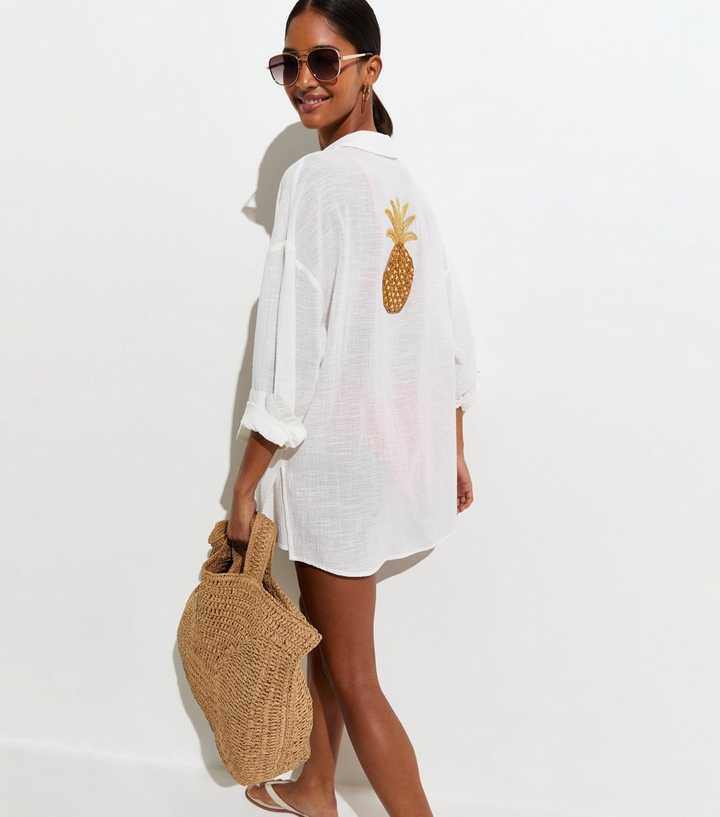 White Cotton Pineapple Beaded Oversized Beach Shirt