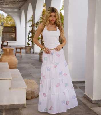 South Beach White Embroidered Seashell Tiered Maxi Skirt
