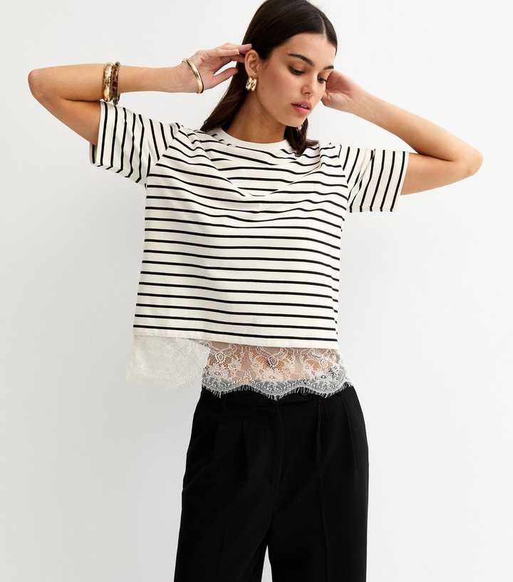 White Striped Lace Hem Boxy T-Shirt