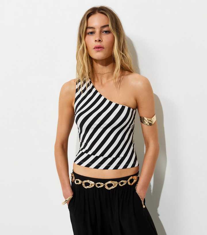 Black Slinky Jersey Diagonal Stripe One Shoulder Top