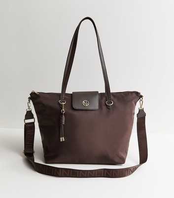 Dark Brown Fabric Zip Top Tote Bag