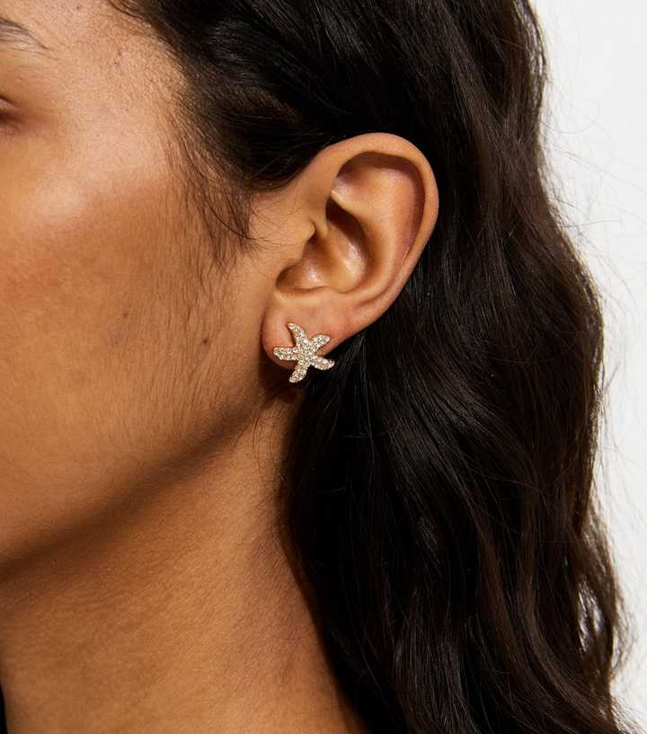 Gold Tone Diamant?� Starfish Stud Earrings
