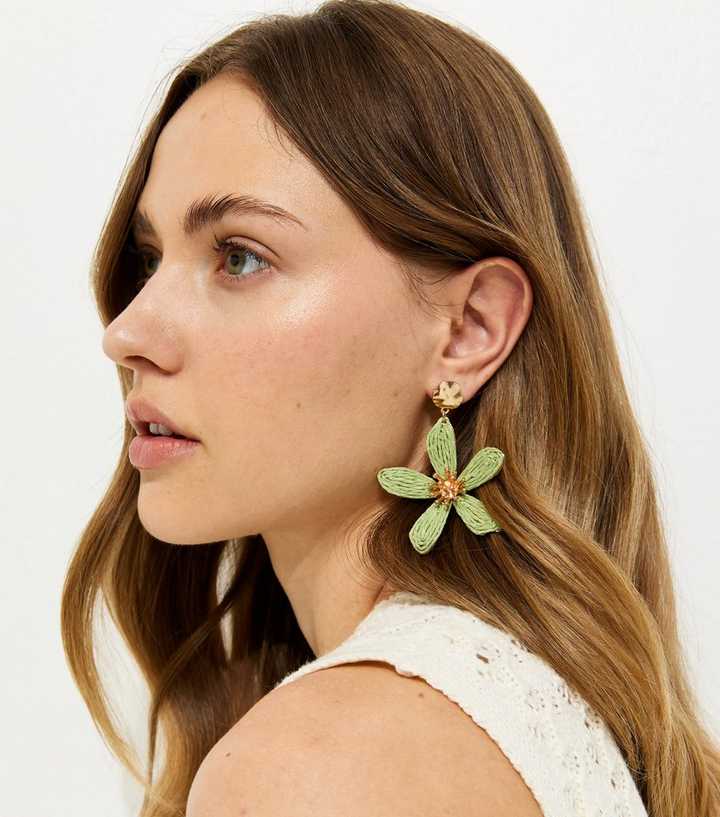 Large Green Threaded Flower Stud Earrings