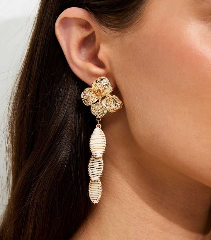 Gold Tone Off White Beaten Flower Drop Earrings