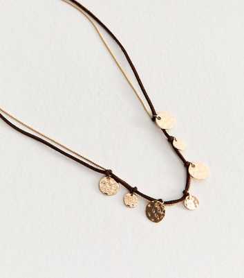 Gold Tone Double Layer Rope Chain Hammered Disc Pendant Necklace