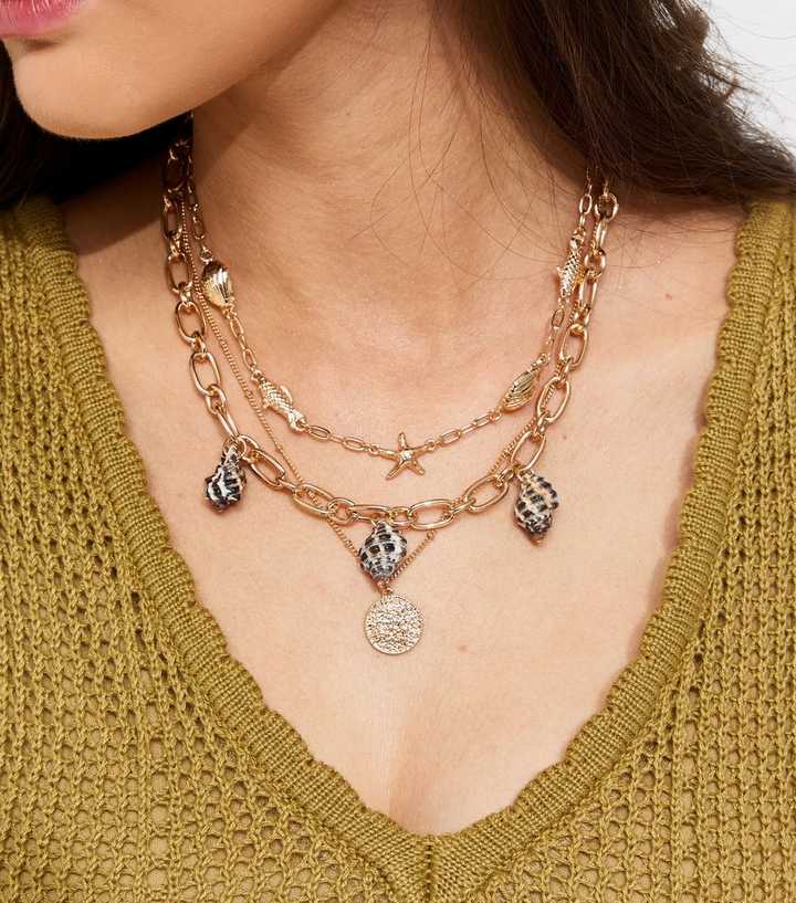 3 Pack of Gold Tone Shell and Coin Necklaces
