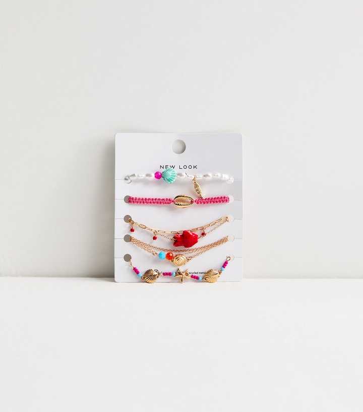 Pack of 8 Gold Tone Beaded Shell Bracelets