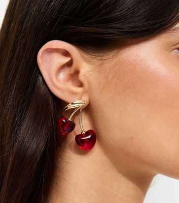 Gold Tone Red Cherry Drop Earrings