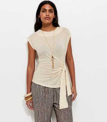 Cream Soft Touch Slubby Tie Front Top