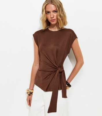 Brown Soft Touch Slubby Tie Front Top