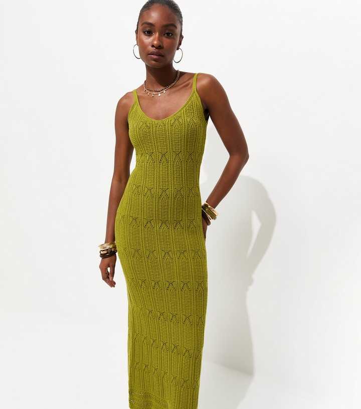 Green Cotton Rich Stitch Detail Maxi Dress