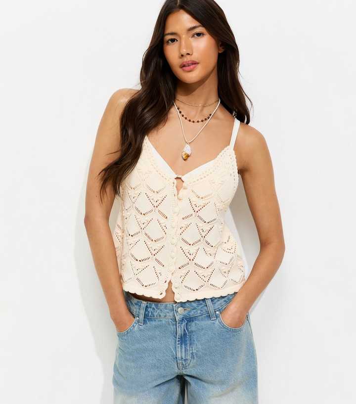 Cream Cotton Rich Crochet Button Up Cami Top