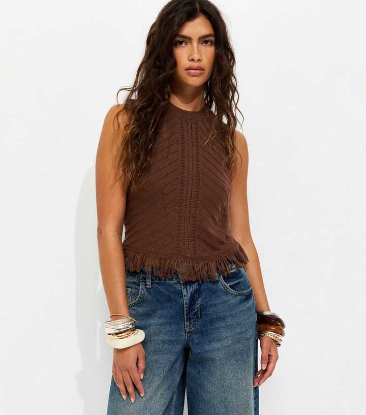 Dark Brown Cotton Rich Tassel Hem Knitted Vest