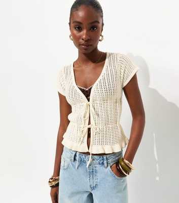 White Crochet Frilly Trim Tie Front Top