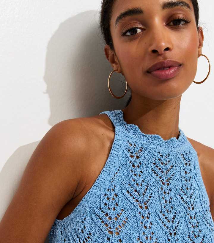 Blue Pointelle Knit Racer Vest