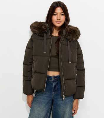 Dark Khaki Faux Fur Hood Puffer Jacket