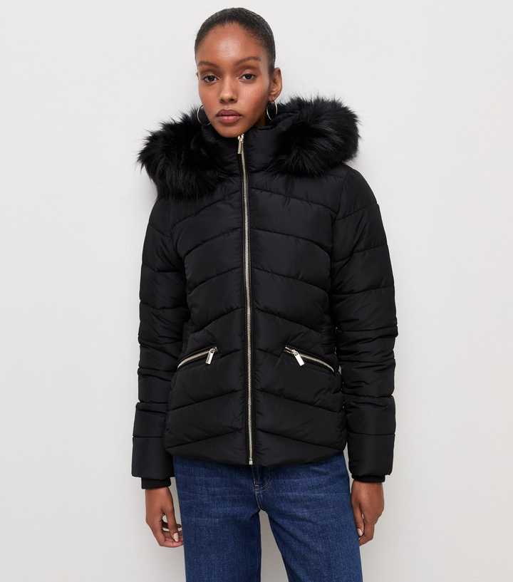 Black Faux Fur Hooded Puffer Jacket