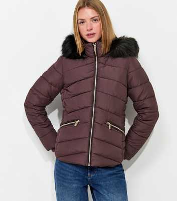 Burgundy Faux Fur Hooded Puffer Jacket