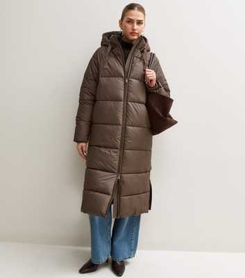 Dark Brown Padded Longline Hooded Jacket