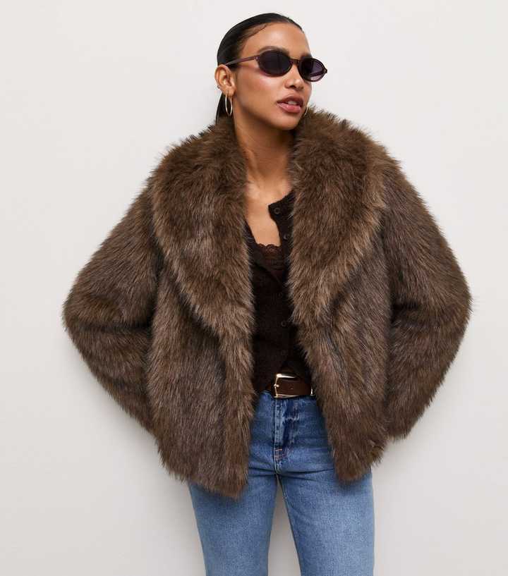 Brown Faux Fur Shawl Collar Jacket