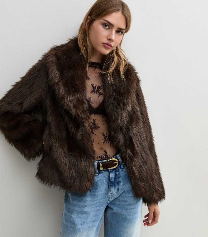 Dark Brown Faux Fur Shawl Collar Jacket