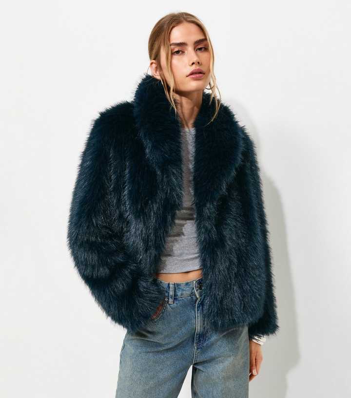 Navy Faux Fur Shawl Collar Jacket