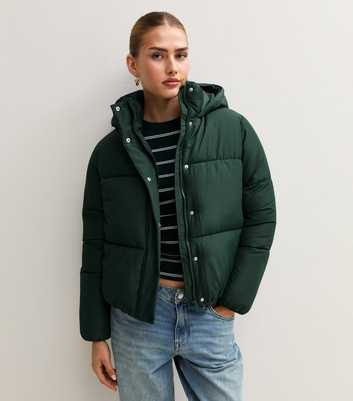 Dark Green Hooded Crop Puffer Jacket