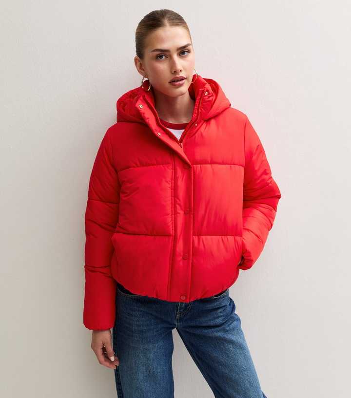 Bright Red Hooded Crop Puffer Jacket