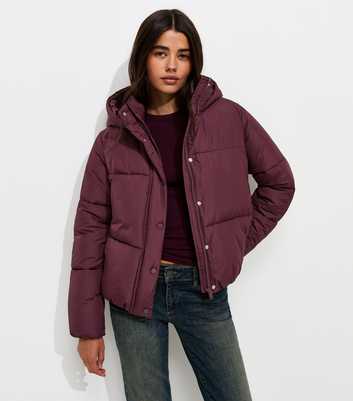 Dark Burgundy Hooded Crop Puffer Jacket