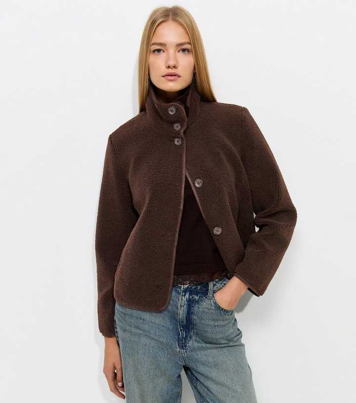 Dark Brown Funnel Neck Borg Textured Buttoned Jacket